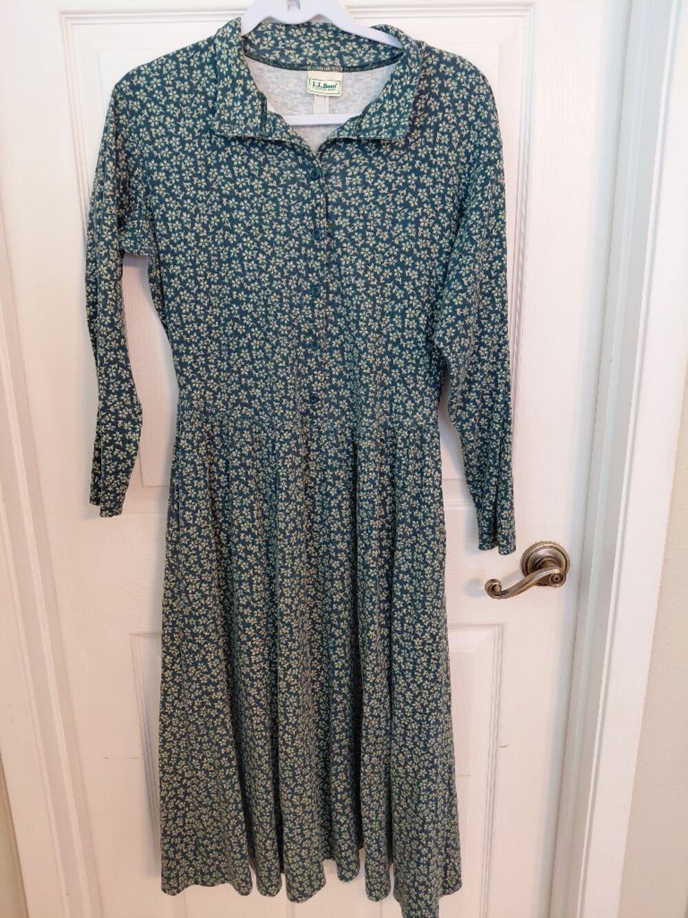 Vintage LL Bean Ditsy Floral Midi Dress Green Long Sleeve Cottagecore Prairie
